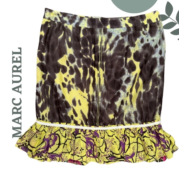 Marc Aurel Yellow & Brown Patterned Skirt | Boho | Ruffle Hem Size Euro 40 Large - Picture 2 of 6